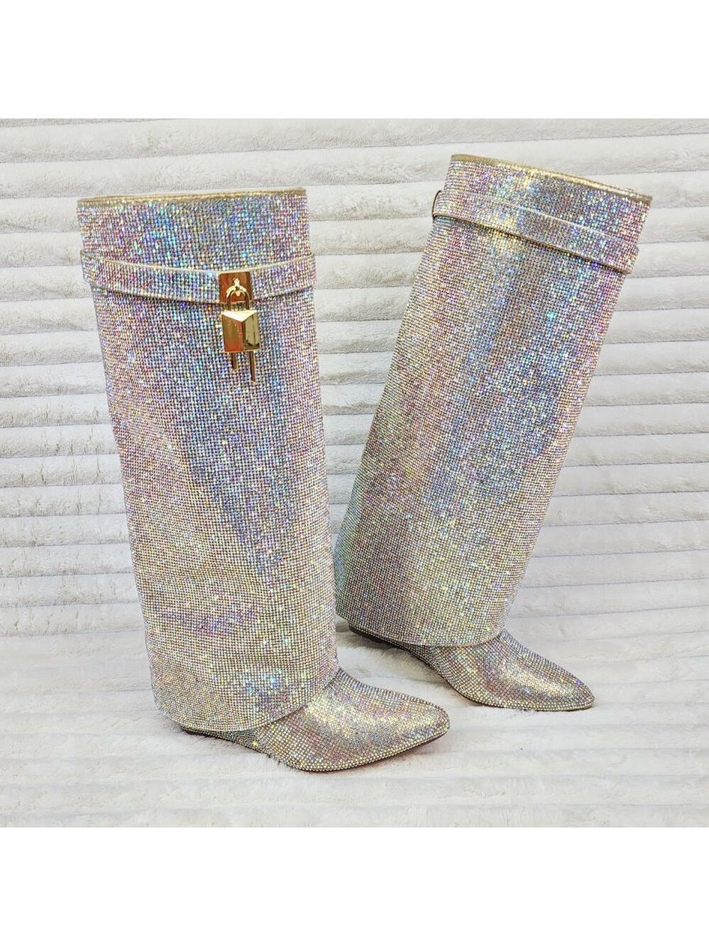 Super Sparkle Sharky Skirted Fold Over Wedge Heel Knee Boots